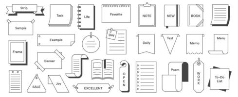 Simple note frame. Book memo sticky note, minimalist Japanese decorative notes paper labels with text. memo frames set vector