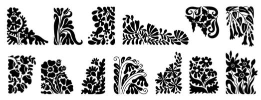Groovy floral borders. Abstract flower frame element with decorative botanic silhouettes, retro minimal boho leaf plant corner vintage design. naive flourish set vector