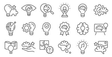 Creative idea line icons. Brainstorming solution lightbulb symbols, abstract thinking and business imagination, technology puzzle signs. business solutions icon set vector