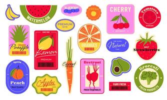Food fruit label. Cartoon stickers with organic tropical berry apple banana cherry citrus, fresh natural badges with fruits and berries for supermarket. market stickers set vector
