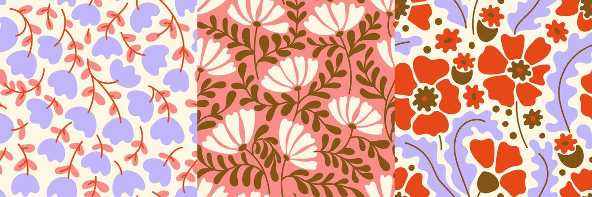 Groovy floral pattern. Flowery girl wallpaper, seamless print of colorful retro flowers and leaves, abstract flower background, cute blooming daisy fabric design. texture