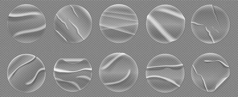 Transparent circle sticker. Round paper label mockup with adhesive glue effect, realistic circular tags for sale price. isolated patch set vector