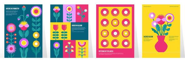 Geometric flowers postcard. Abstract floral spring summer pattern for background design, modern banners with geometry flower leaves and bouquet in vase. floral posters set vector