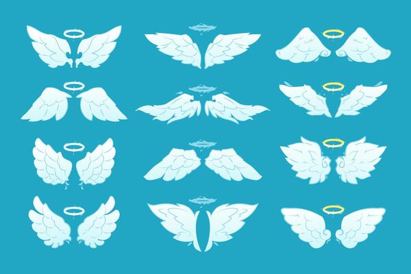 Cartoon angel wing. Cute halo winged symbol with halo nimbus, fantasy saint elements for greeting card or poster design. holy wings isolated set