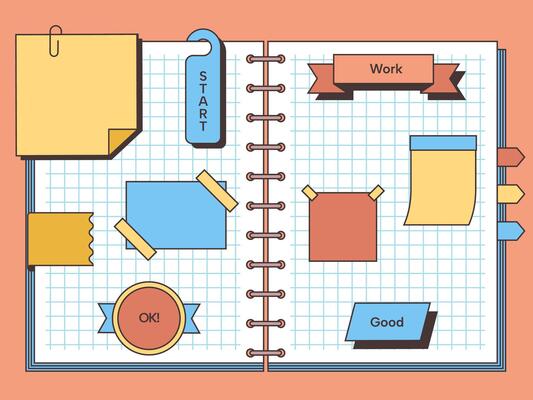 Diary with memo. Blank paper note memo, empty notebook message sheets for writing, cute decorative notepaper sticker note book pages. illustration