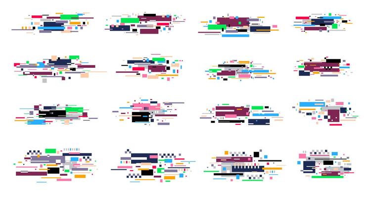 TV glitch effect. Digital pixel noise and error texture, retro 80s VHS screen glitchy distortion with static flicker and line pixelated artifacts. glitches set