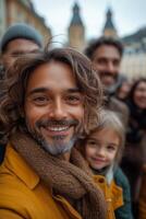 a multicultural family group taking a selfie in a city square, featuring grandparents, parents, and kids of diverse ethnicities, historic landmarks in the background, bright daylight photo