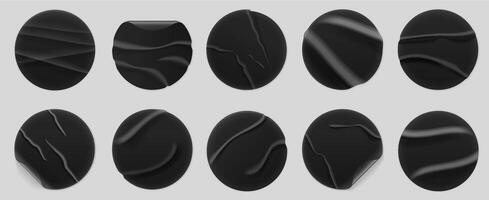 Black crumpled sticker. Realistic round price tag, creased black foil circle sheet with glue, wrinkled blank adhesive banner, realistic folded mockup. circular tags set vector