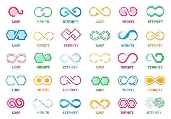 Infinity logo. Endless Mobius loop ribbon icons for limitless concept design, abstract geometric eternity signs, modern loops motion circle symbols. colorful loop set