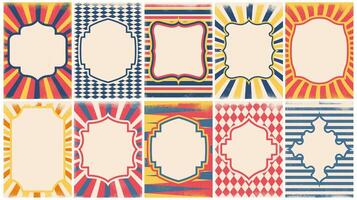 Circus vintage poster. Retro carnival frame with striped tent geometric pattern, old circus advertisement and invitation banners with empty borders. carnival framing set vector