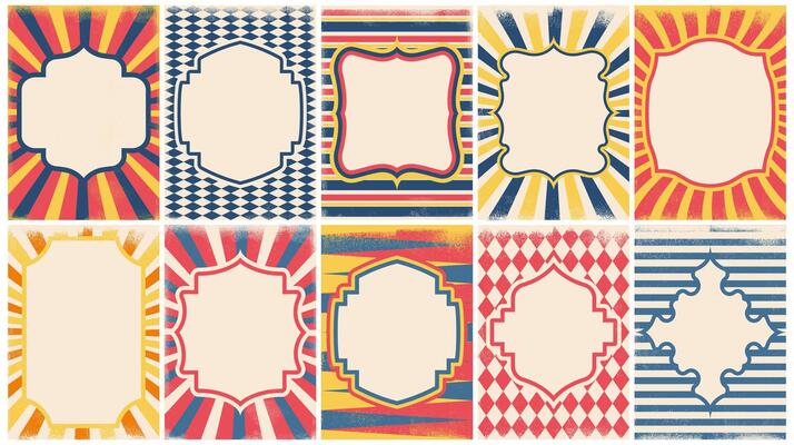 Circus vintage poster. Retro carnival frame with striped tent geometric pattern, old circus advertisement and invitation banners with empty borders. carnival framing set