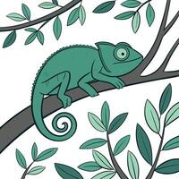 Deep green chameleon resting on a tree branch vector