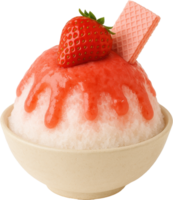 Delightful Japanese inspired strawberry shaved ice dessert featuring a creamy fluffy base topped with fresh juicy strawberries and a hint of sweetness png