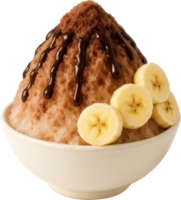 Delectable choco banana kakigori a Japanese inspired shaved ice dessert topped with a creamy chocolate drizzle and fresh banana slices png
