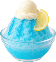 Vibrant blue shaved ice dessert garnished with a lemon slice and a creamy topping evoking the refreshing flavors of Hawaii png