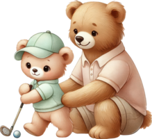 Playful teddy bear dad and son enjoying a game of golf together on a sunny day at the course png