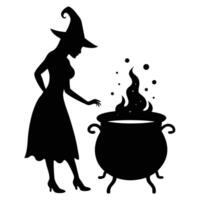 a witch standing over a bubbling cauldron with mist rising vector