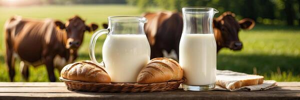 A jug of milk and bread on a table with cows in the background photo