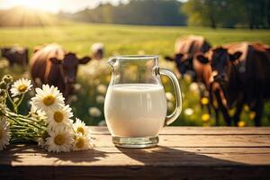 Milk in a jug on a table with cows in the background photo