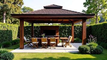 A gazebo with a table and chairs in the backyard photo