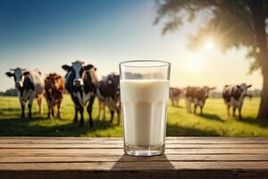 A glass of milk on a table in front of cows photo