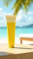 A tube of sunscreen on a table in front of a beach photo
