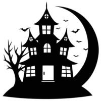 a creepy haunted house with dark windows and a full moon vector