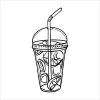 Cold lemonade sketch. Plastic glass of cold lemonade with ice and lemon slices. Cold drink to go outline drawing painted by black inks. Mojito cocktail hand drawn Outline line illustration vector