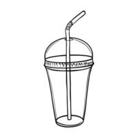 Empty Plastic cup with a straw for cold lemonade sketch. Cold drink to go outline drawing painted by black inks. Hand drawn illustration on white. Cocktail hand drawn eps. Decoration for menus vector