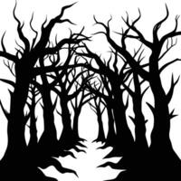 a dark forest with twisted trees and shadows vector