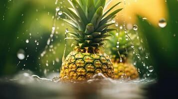Fresh Pineapple in Water with Splashing Drops and Green Background photo