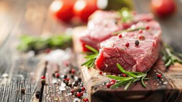 Fresh Red Meat on Wooden Cutting Board with Herbs and Spices photo