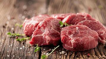 Fresh Raw Beef Cuts on Wooden Table with Herbs and Spices photo