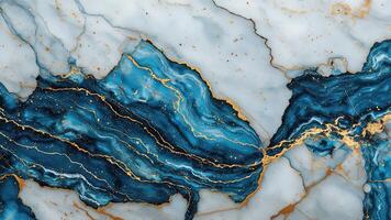 Abstract Blue and Gold Waves on White Marble Background Texture photo