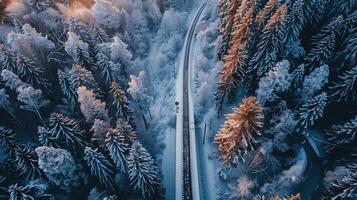 Aerial View of Snowy Forest With Train Tracks in Winter Landscape photo