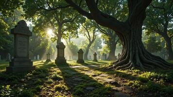 Serene Cemetery with Sunlight Filtering Through Majestic Trees photo