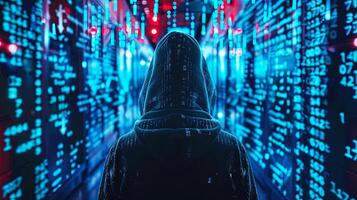 Hacker in a hoodie navigating through digital data streams, symbolizing online security, cybersecurity threat, and data privacy concerns. photo