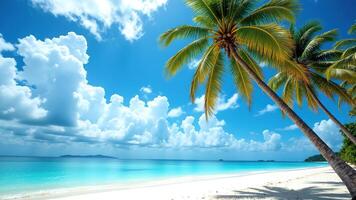 Serene Tropical Beach with Palm Trees and Clear Blue Sky photo