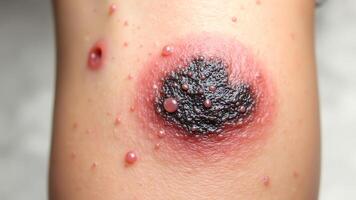Anthrax is an acute bacterial infection. skin abscess, showing a black center and inflamed area photo