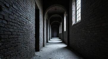 Dark and Mysterious Corridor with Brick Walls and Arched Ceilings photo
