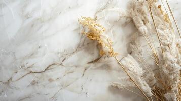 Elegant Dried Flowers on Luxurious Marble Surface Background photo