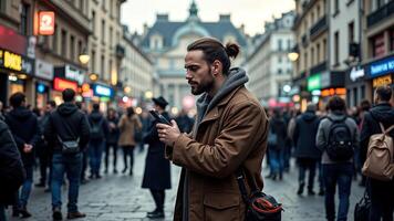 Thoughtful man using smartphone in bustling urban street scene photo