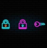 open and closed padlock. neon style. key. Safe symbol. illustration. vector