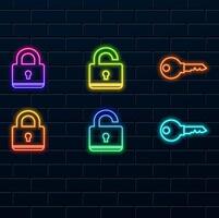 neon style. Open and closed padlock icon. key. Safe symbol. illustration. vector