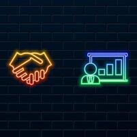 growth presentation.success icon. handshake. agreement signed. neon style.company growth. business graph. vector