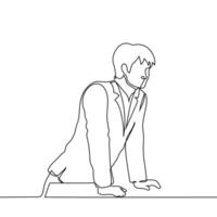 man in suit standing with palms on table, leaning slightly forward in anticipation or expectation - one line art . businessman or irritated boss concept vector