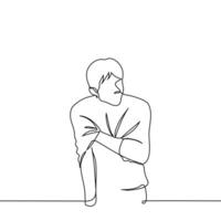 man in sweater standing and scratching his shoulder - one line art . concept after vaccination, scabies, bite effects, anxiety vector