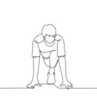 man in a standing position on a low start for running - one line art . concept athlete at the start, startup metaphor vector