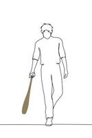 full length man with disheveled sleeves walking with sledgehammer dragging it on the floor - one line art . concept male rage, aggressive man vector