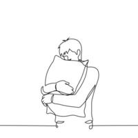 man standing hugging and holding pillow - one line art . concept sleep problems, insomnia, lack of sleep, insomnia vector